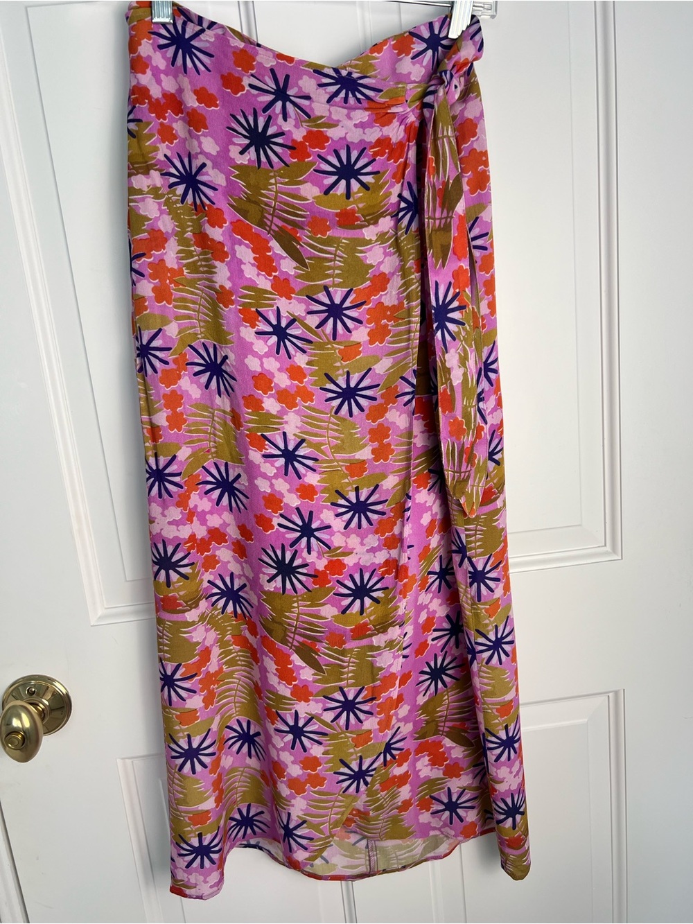 Anthropologie Pink Floral Tie-Side Wrap Look Skirt with Navy & Olive Accents